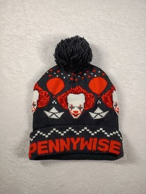 IT Pennywise Horror Movie Pom Beanie Hat One Size Black Red Knit Cap